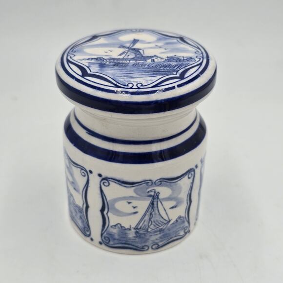 Vintage Delft Hand Painted Blue White Canister Porcelain Jar & Lid Windmill Cork - Picture 1 of 8